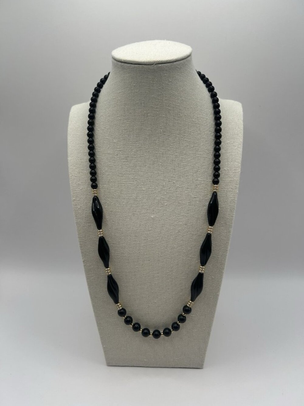 Vintage Trifari Necklace Black Gold Beaded Strand 24 inch Long 80s Retro Signed